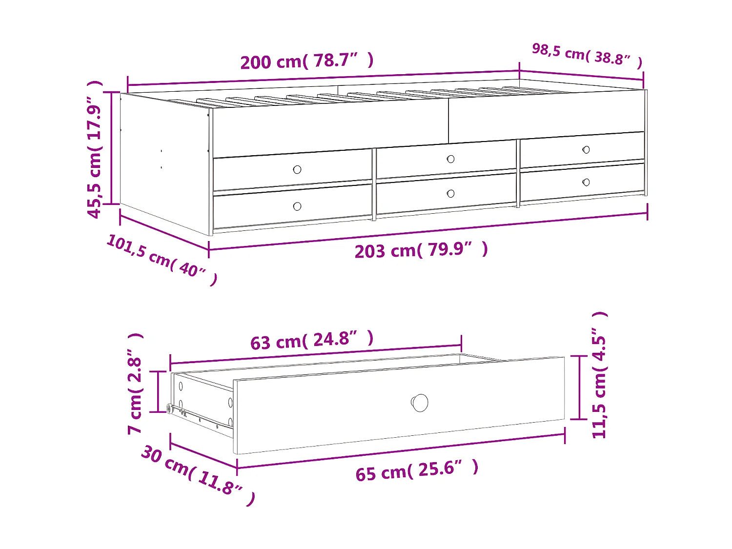 Tumbona con cajones madera ingeniería roble Sonoma 100x200 cm