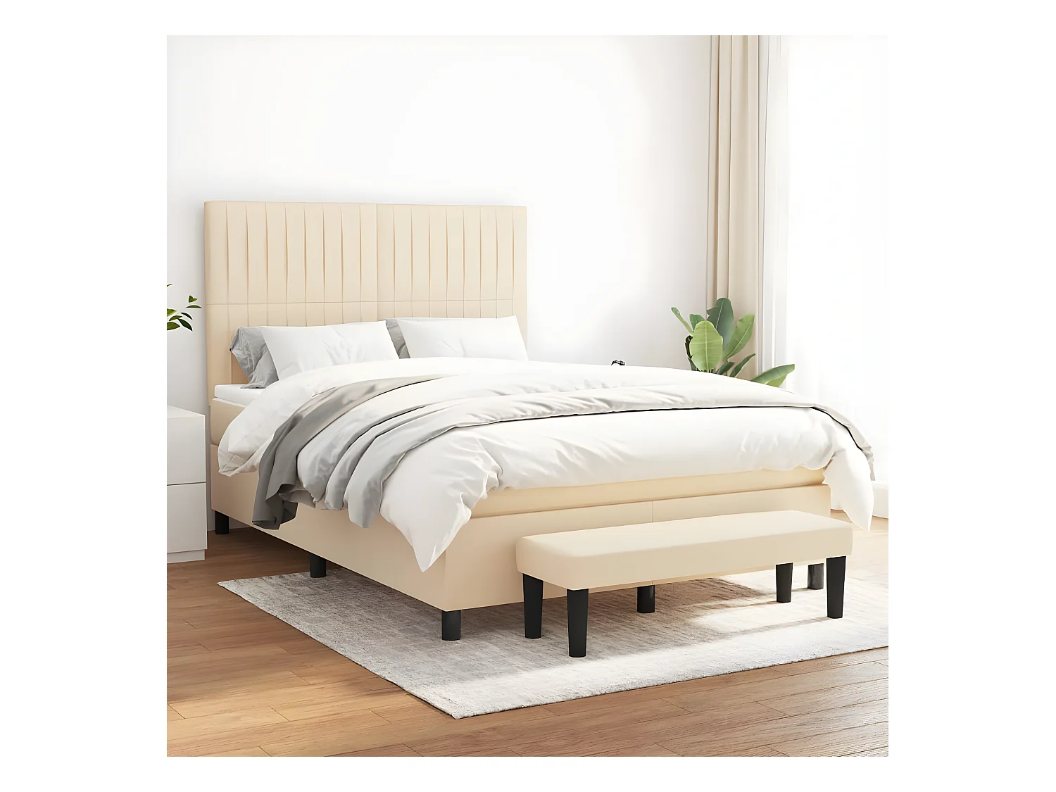 Cama box spring con colchón tela color crema 140x190 cm