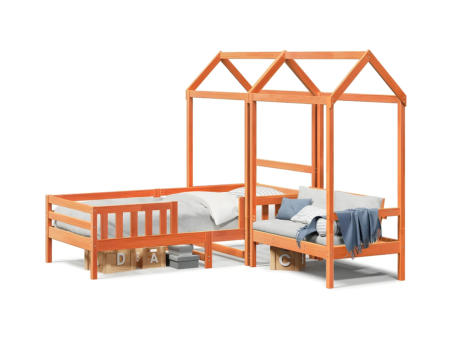Ensemble de lit et de banc avec toit 80x200 cm bois massif pin