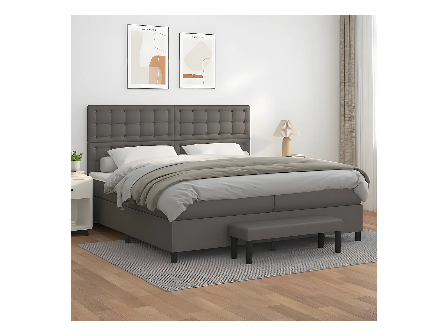 Cama box spring con colchón cuero sintético gris 200x200 cm