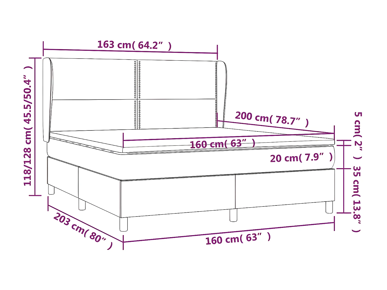 Cama box spring con colchón tela marrón oscuro 160x200 cm