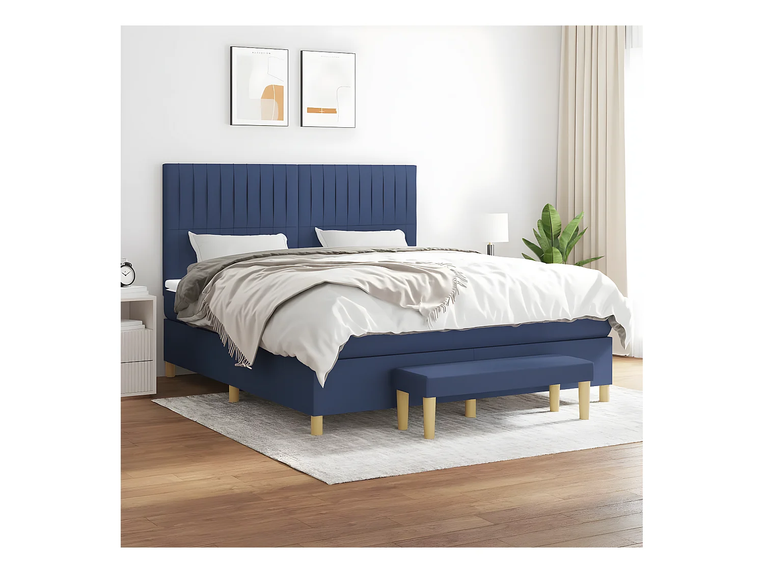 Cama box spring con colchón tela azul 160x200 cm
