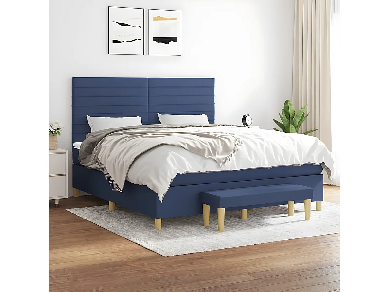 Cama box spring con colchón tela azul 180x200 cm