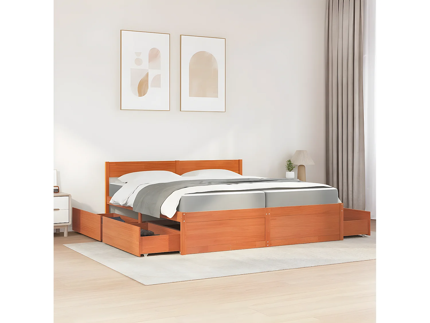 Lit avec tiroirs/matelas cire marron 200x200 cm bois massif pin