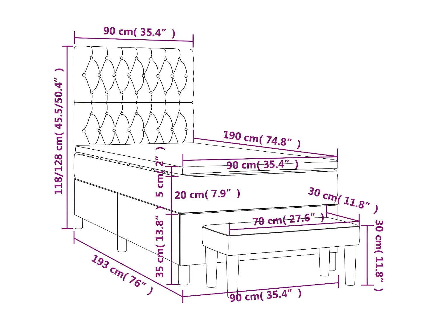 Lit à sommier tapissier et matelas Crème 90x190 cm Tissu