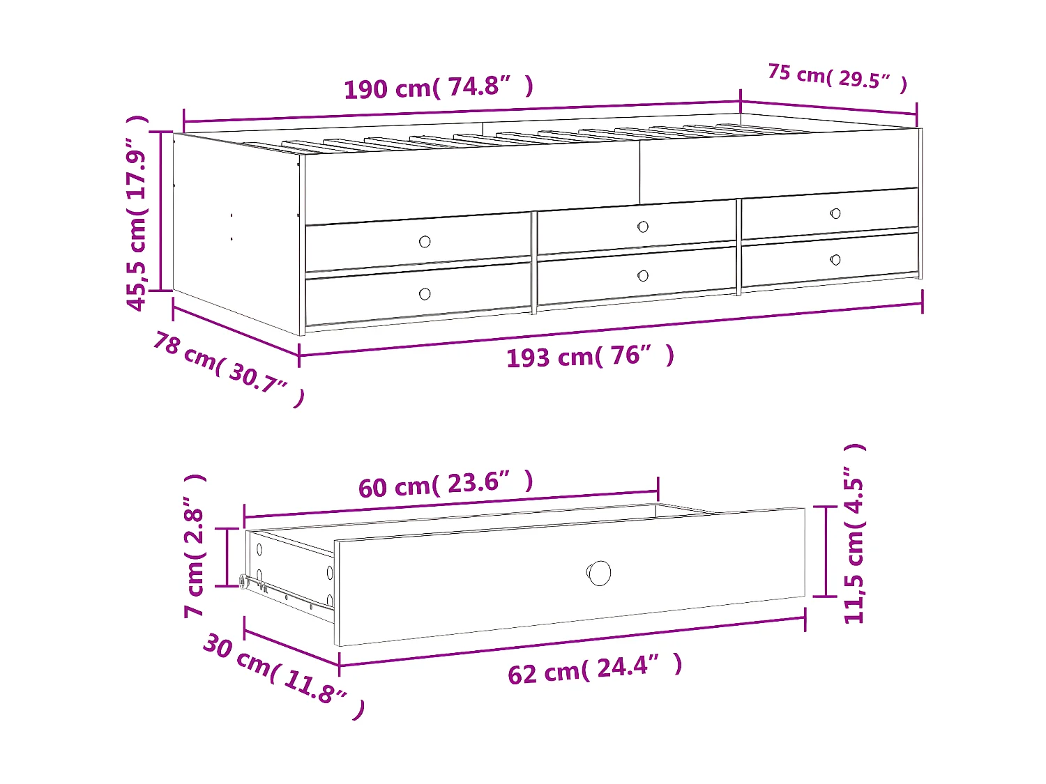 Sofá-cama c/ gavetas 75x190 cm derivados de madeira branco