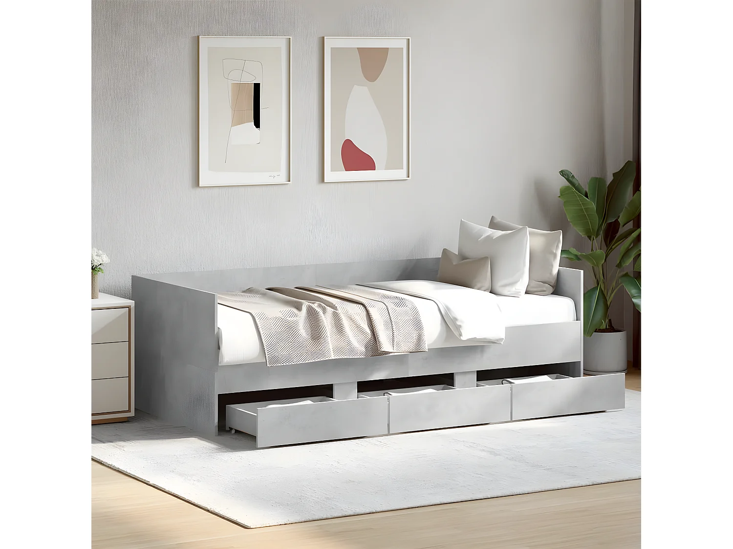 Sofá-cama com gavetas derivados de madeira cinzento cimento