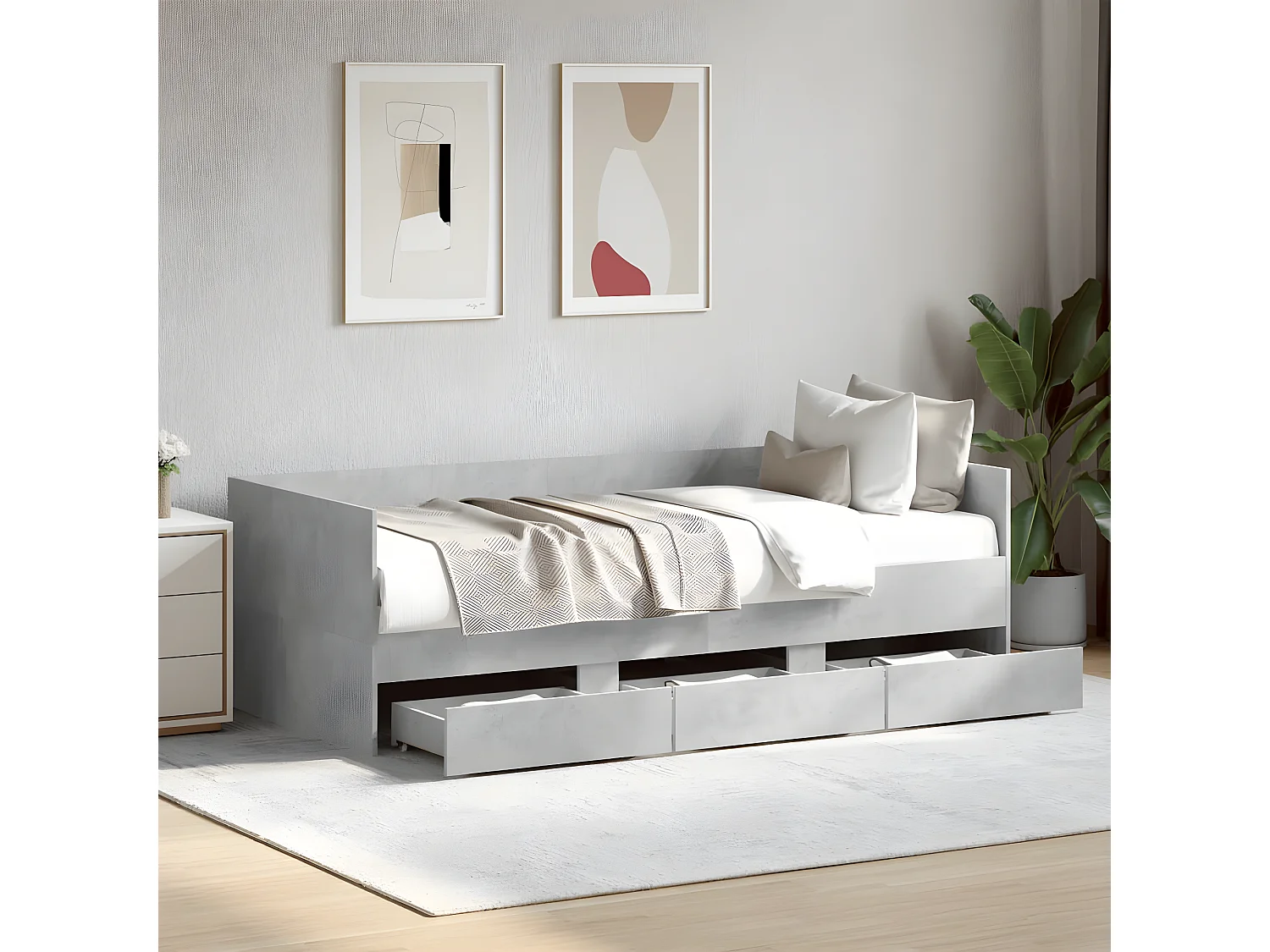 Sofá-cama com gavetas derivados de madeira cinzento cimento