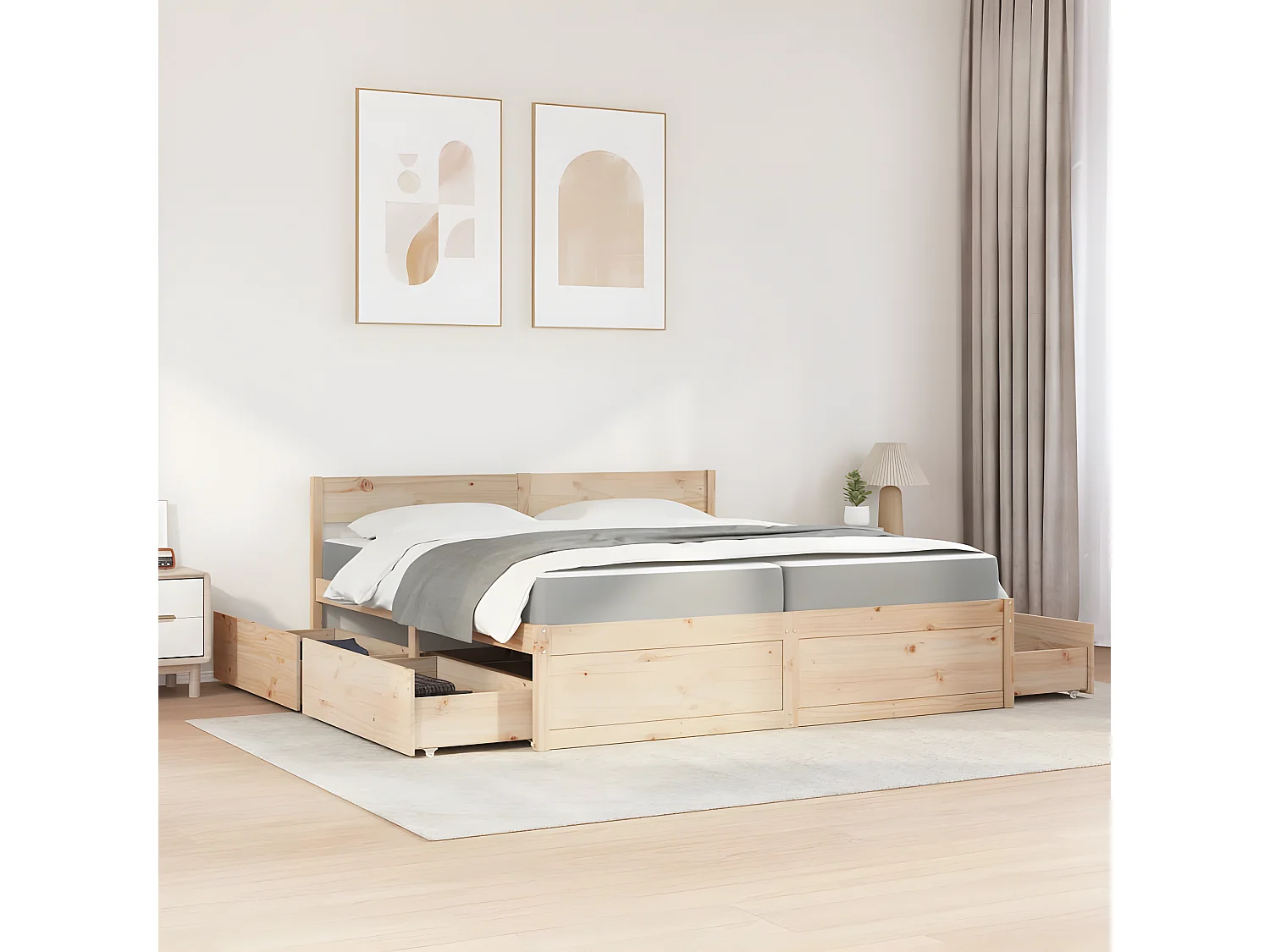 Cama com gavetas e colchão 200x200 cm madeira de pinho maciça