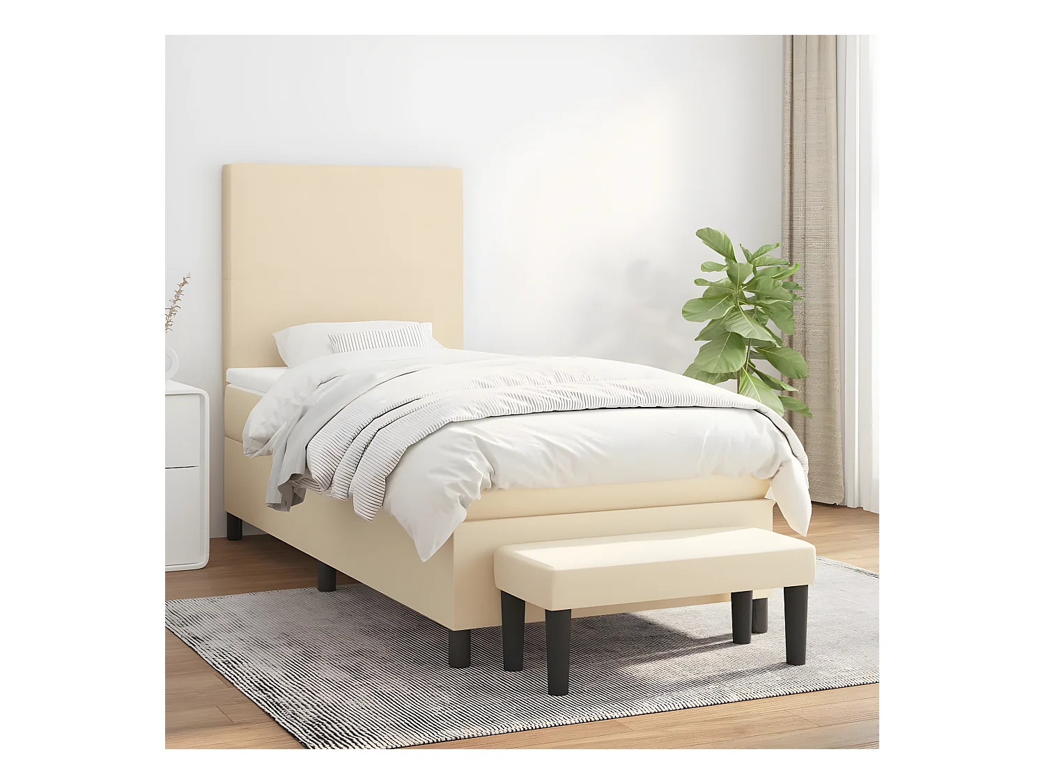 Cama box spring con colchón tela color crema 100x200 cm