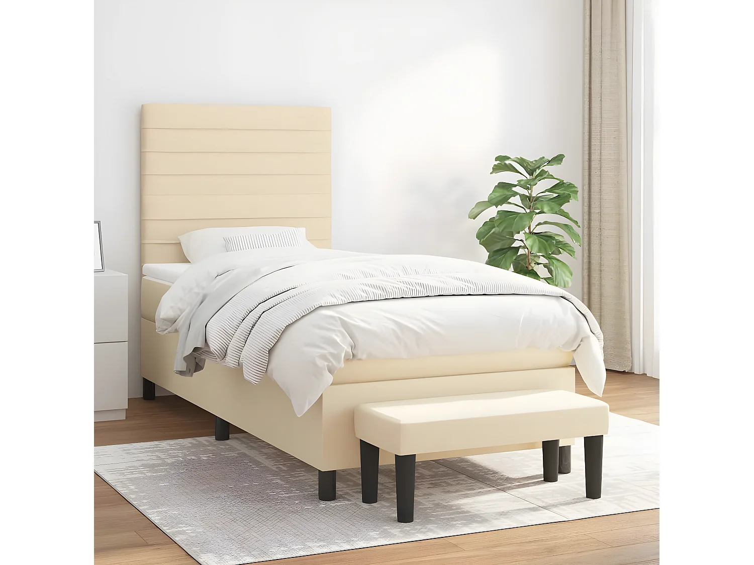 Cama box spring con colchón tela color crema 90x190 cm