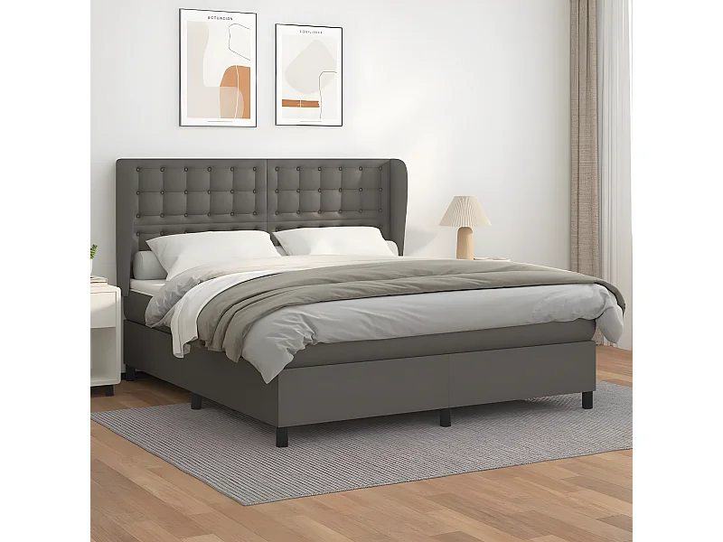 Cama box spring con colchón cuero sintético gris 160x200 cm