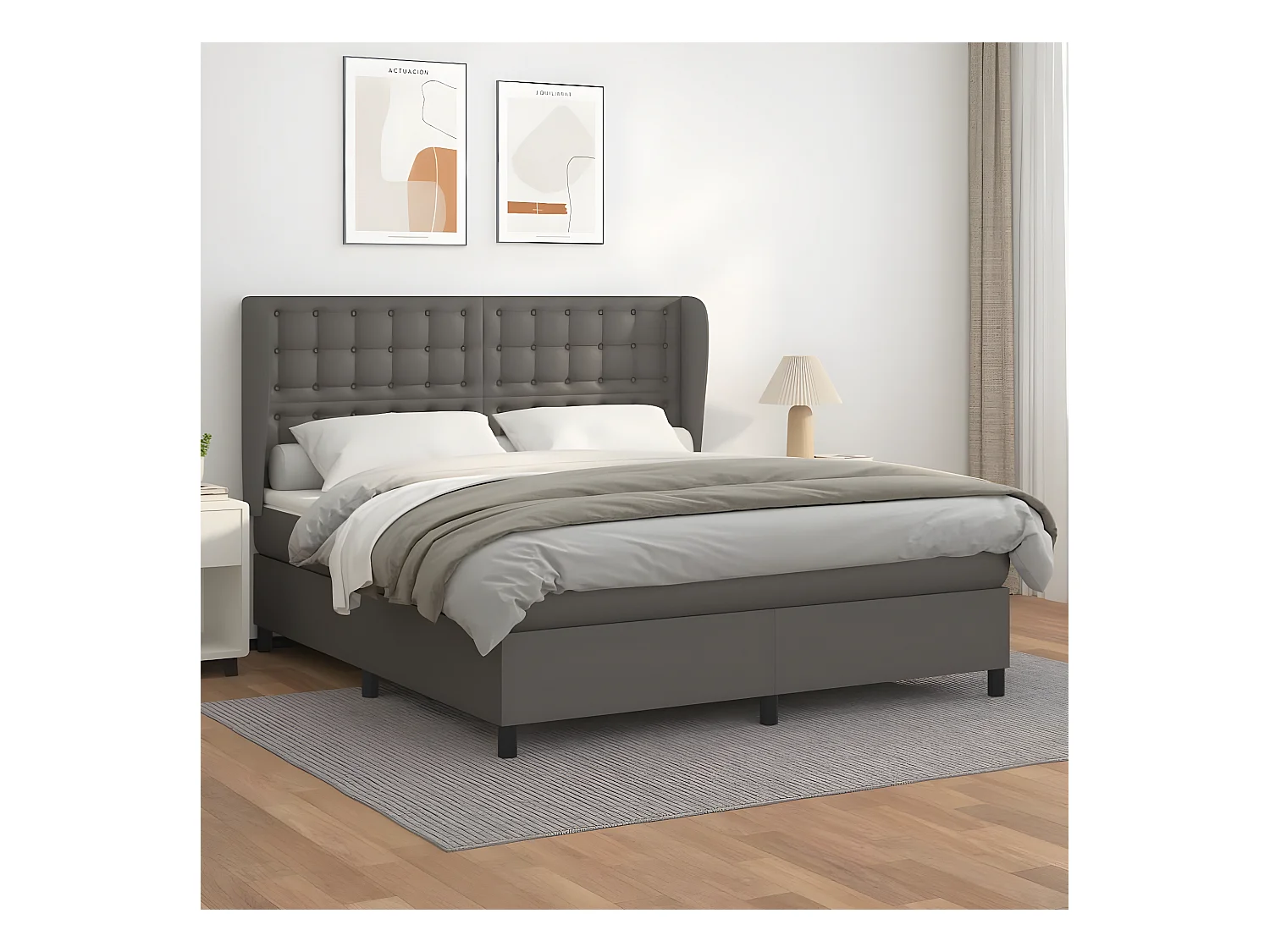 Cama box spring con colchón cuero sintético gris 160x200 cm