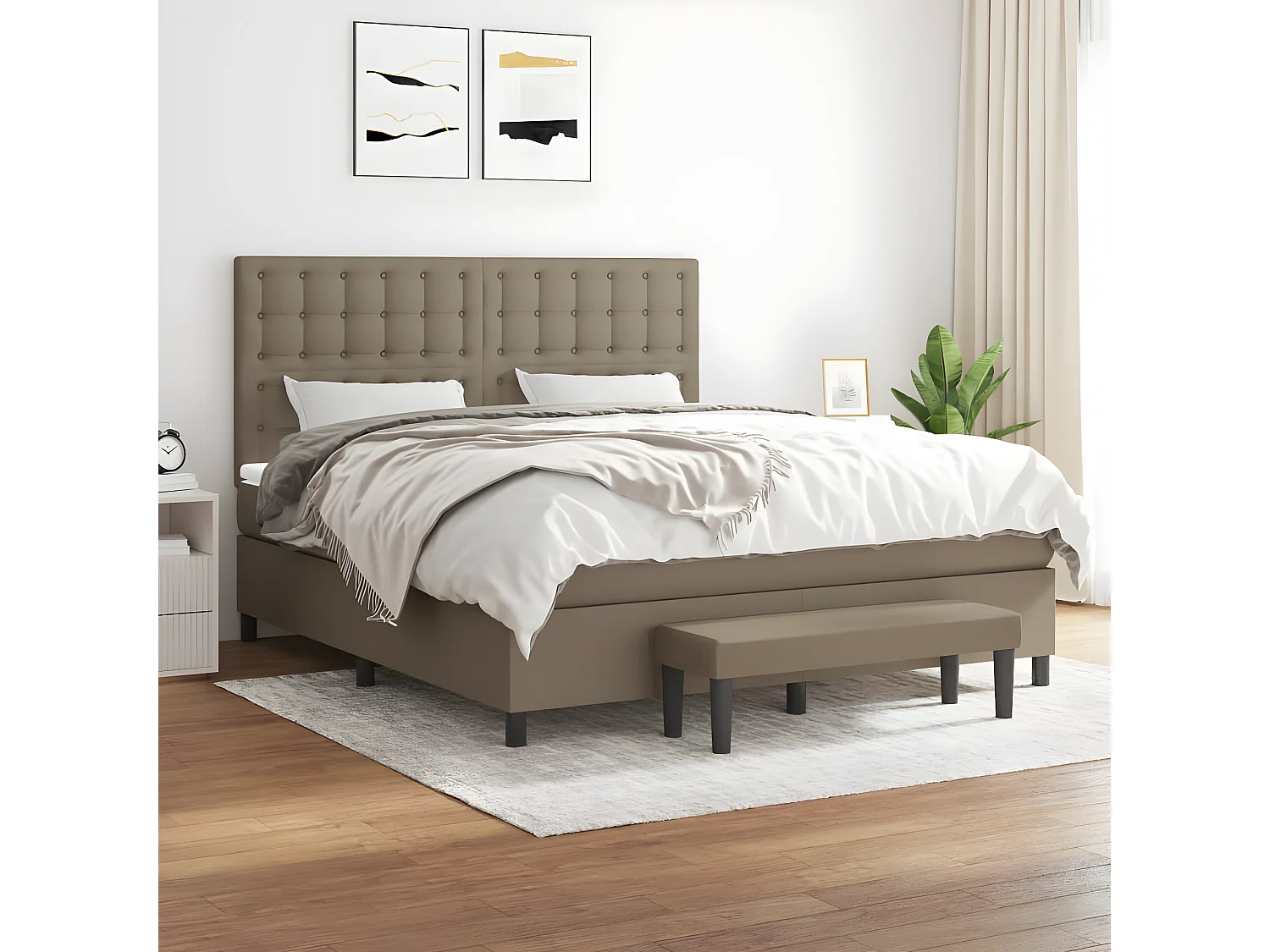 Cama box spring con colchón tela gris taupe 180x200 cm