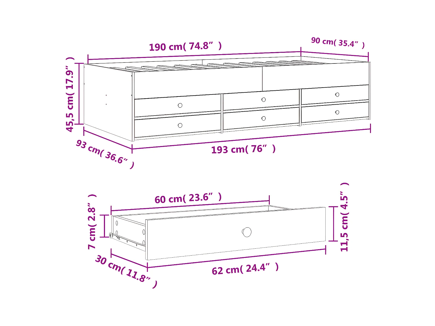 Sofá-cama c/ gavetas 90x190 cm derivados de madeira branco