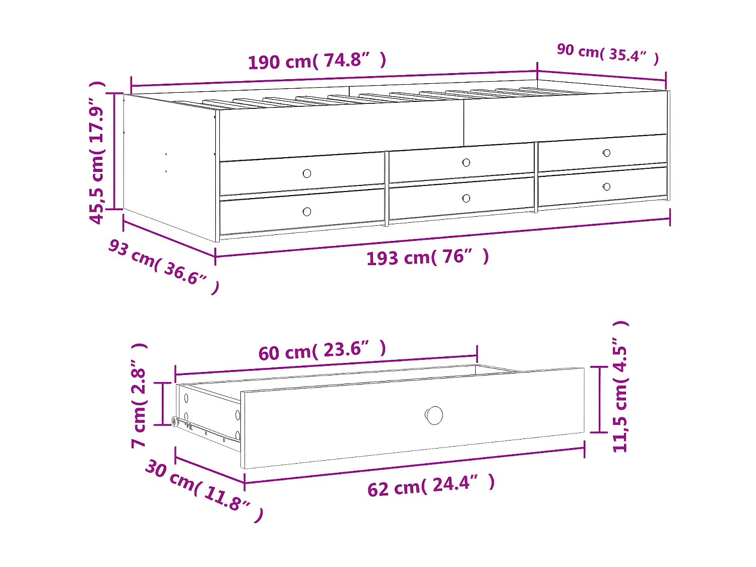Sofá-cama c/ gavetas 90x190 cm derivados de madeira branco