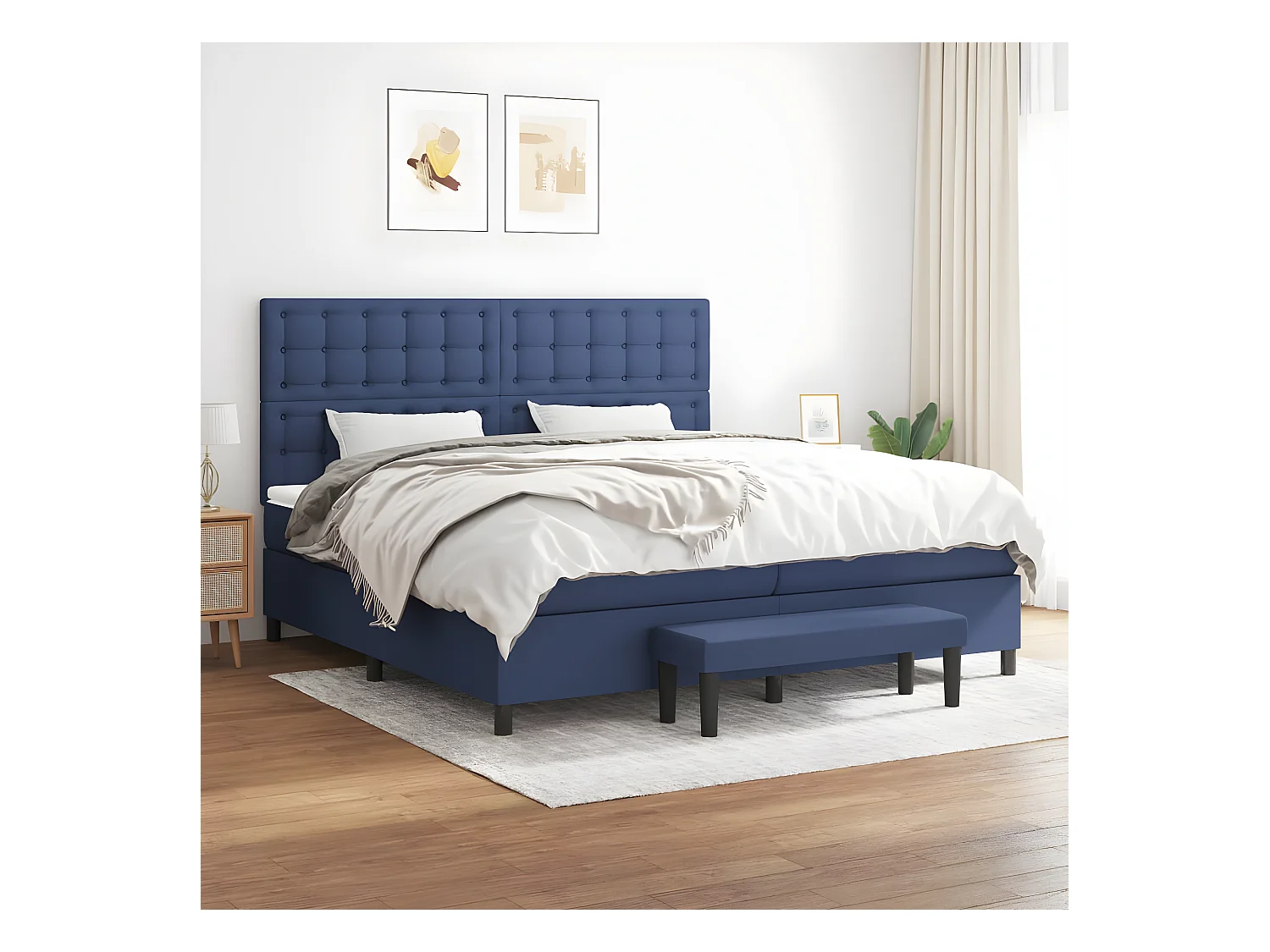Cama com molas/colchão 200x200 cm tecido azul
