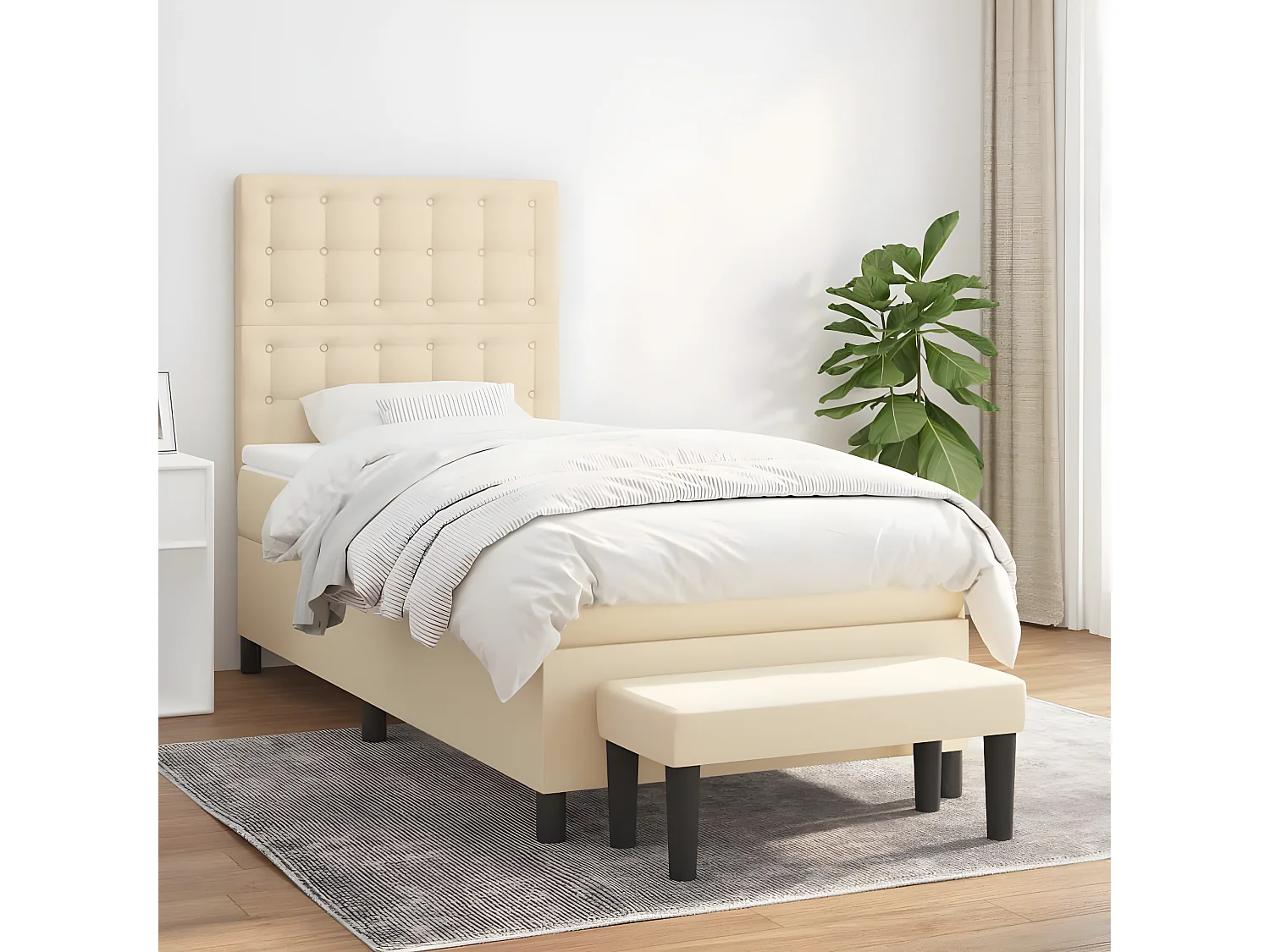 Cama box spring con colchón tela color crema 90x190 cm