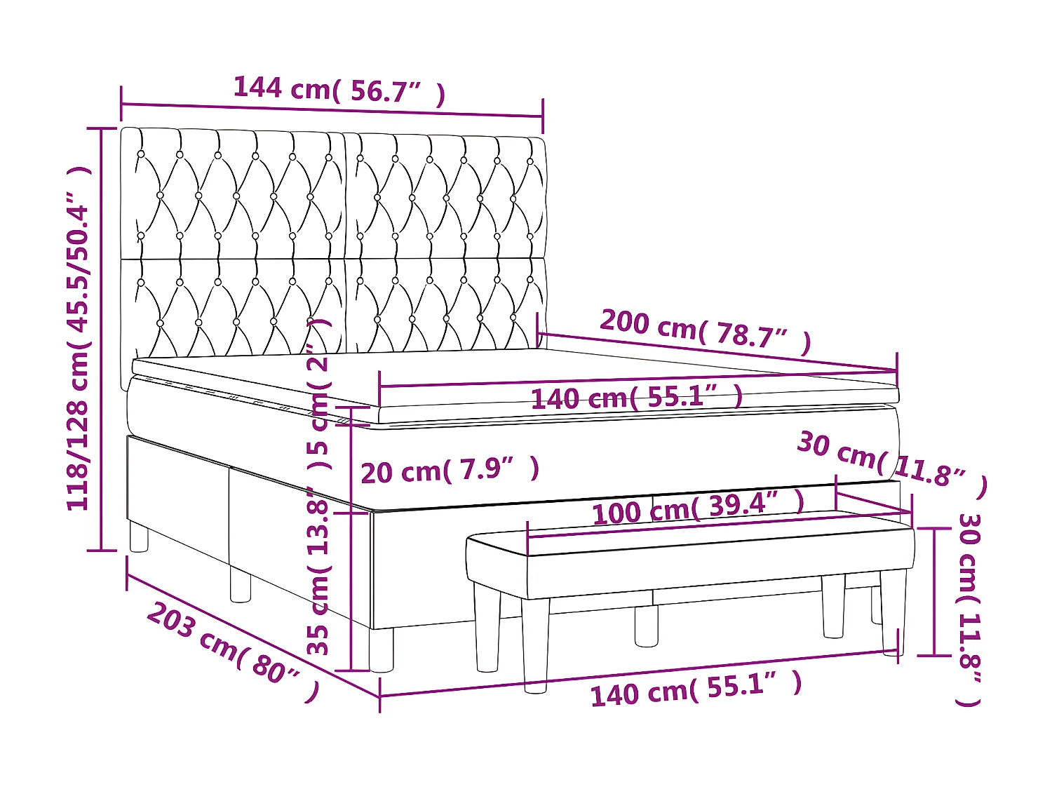Cama box spring con colchón tela gris taupe 140x200 cm