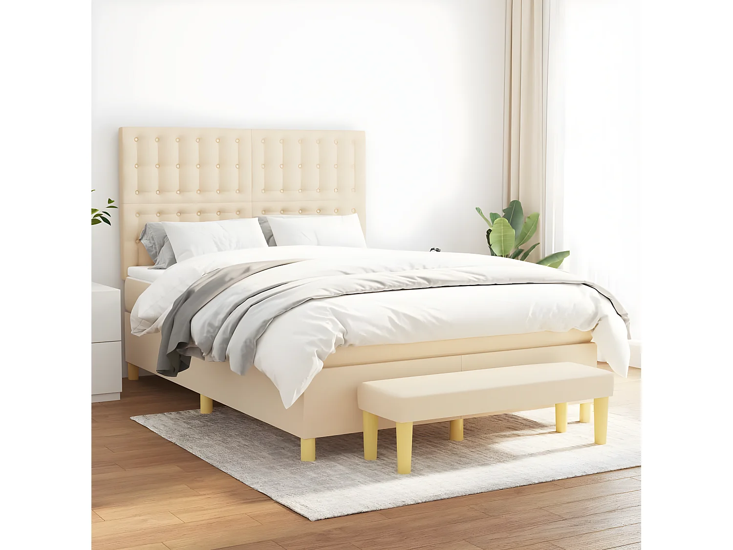 Cama box spring con colchón tela color crema 140x190 cm