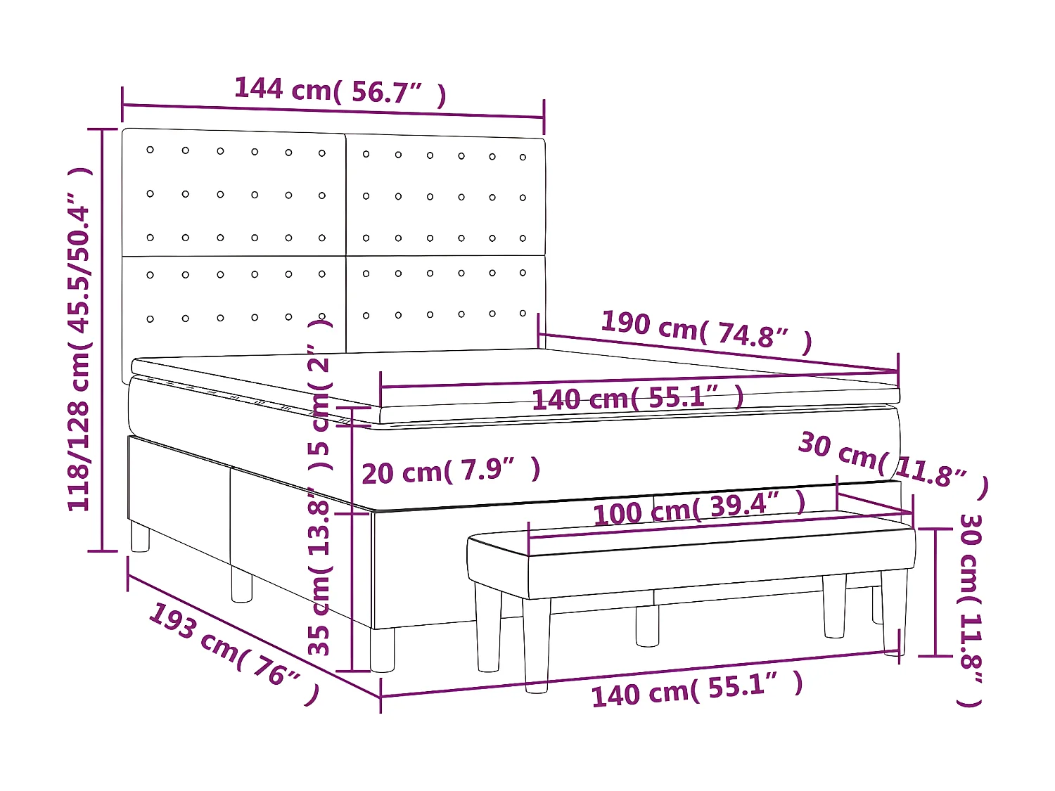 Cama box spring con colchón tela color crema 140x190 cm