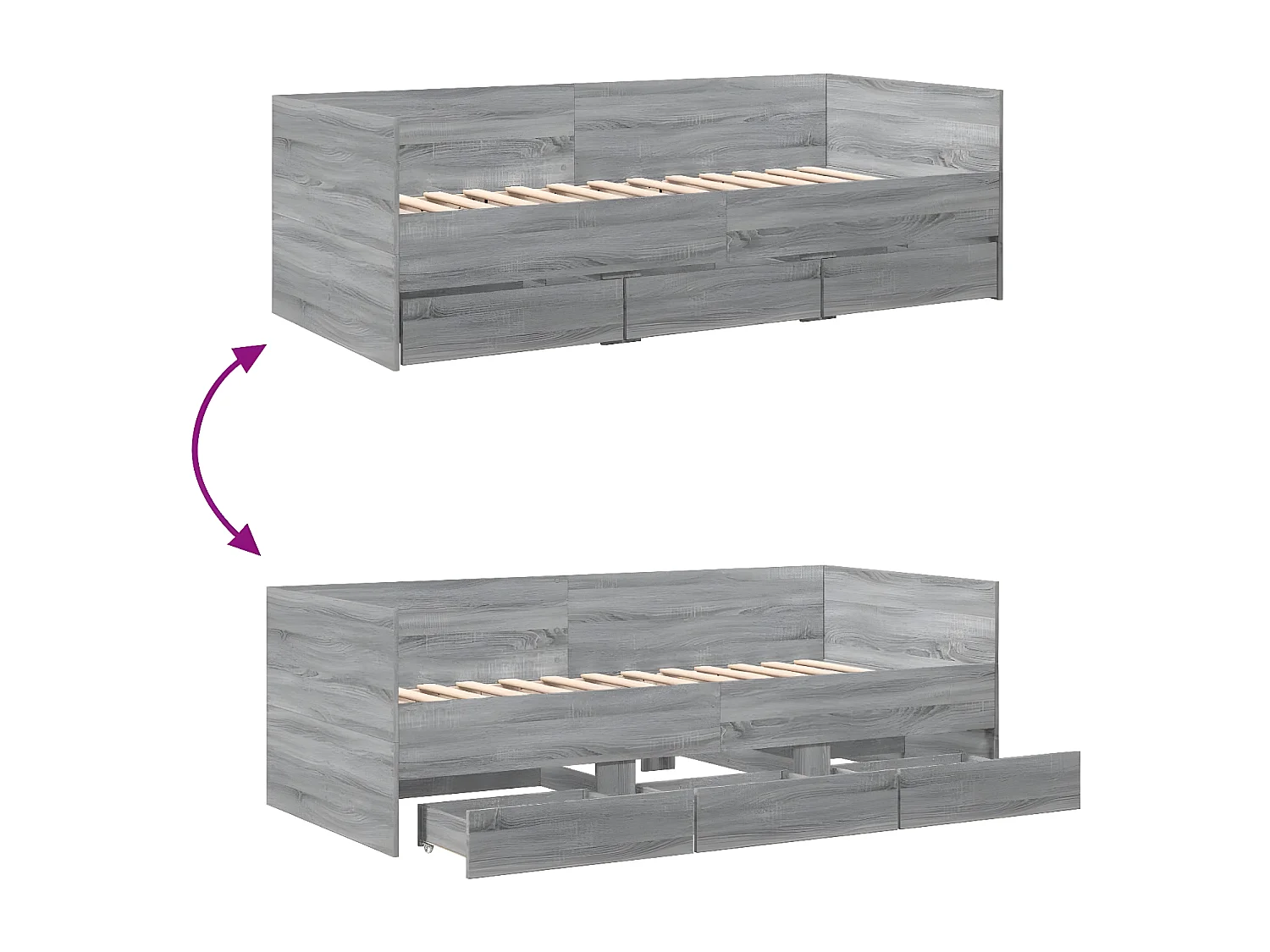 Sofá-cama com gavetas derivados de madeira cinzento sonoma