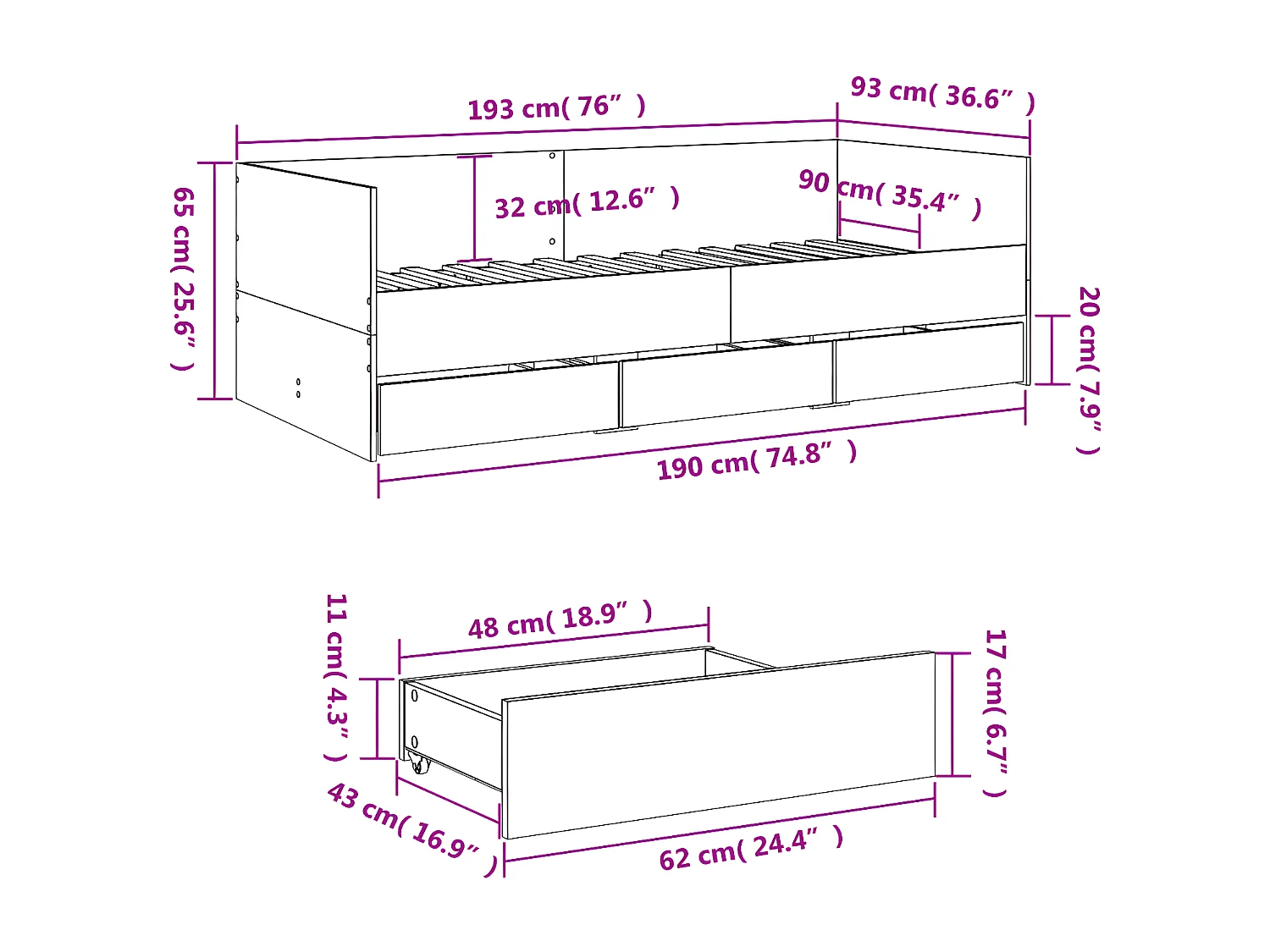 Sofá-cama com gavetas derivados de madeira cinzento sonoma