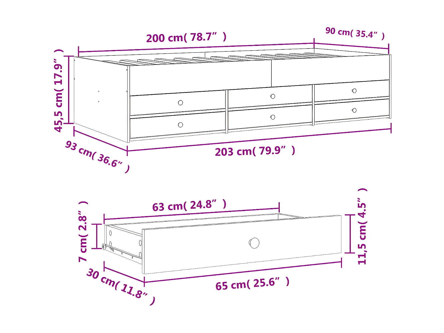 Lit de jour avec tiroirs noir 90x200 cm bois d'ingénierie