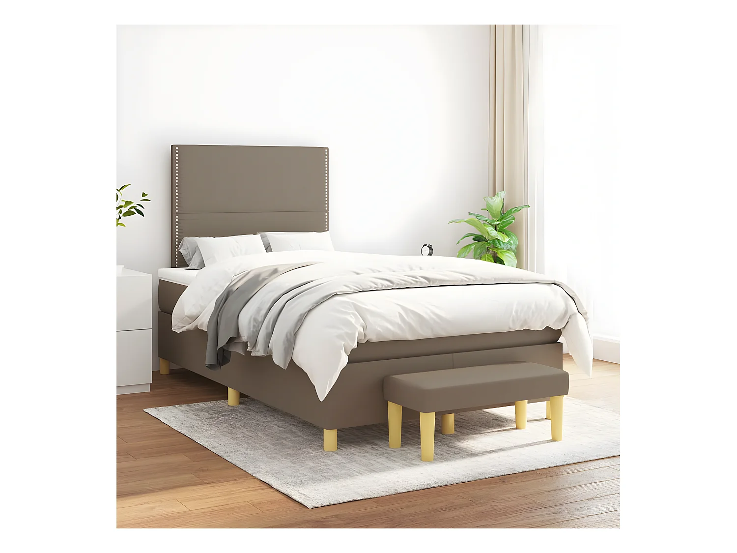 Cama box spring con colchón tela gris taupe 120x200 cm