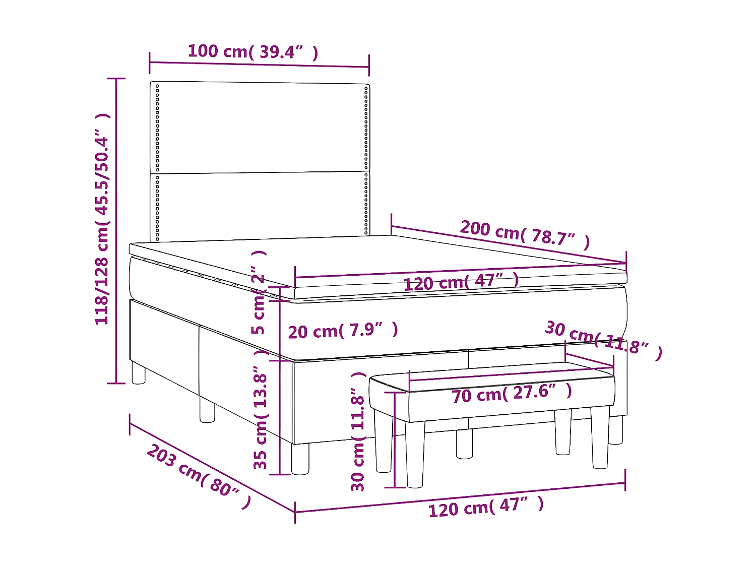 Cama box spring con colchón tela gris taupe 120x200 cm