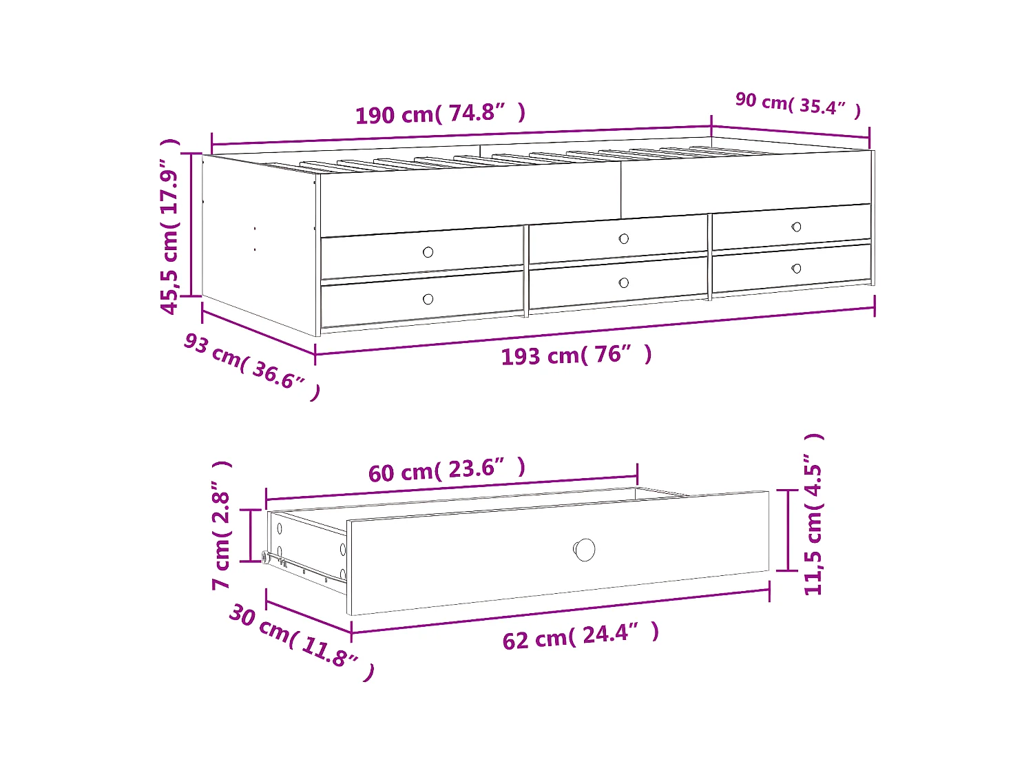 Tumbona con cajones madera ingeniería gris Sonoma 90x190 cm