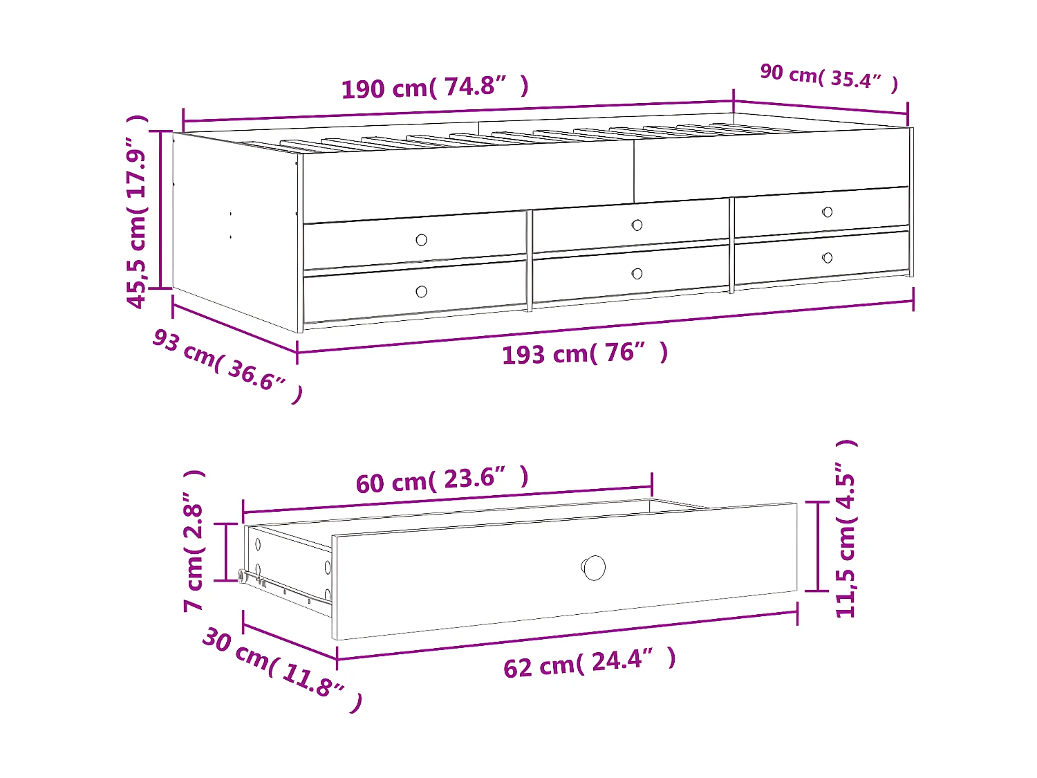 Tumbona con cajones madera ingeniería gris Sonoma 90x190 cm