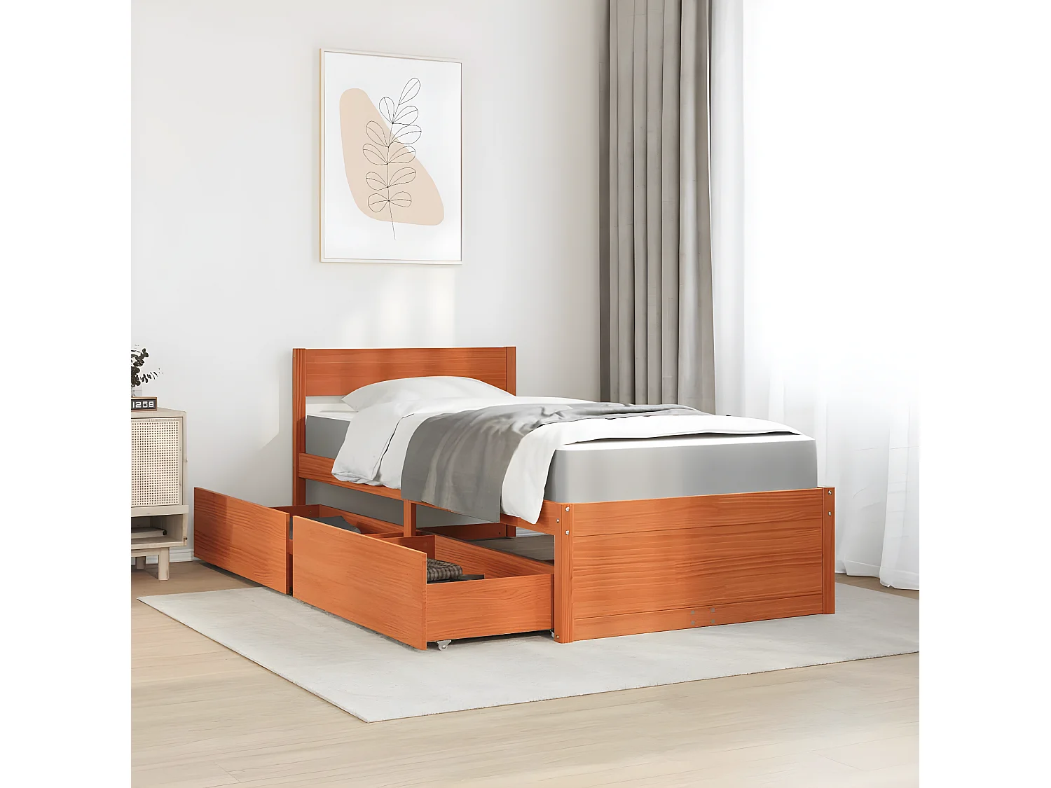 Lit avec tiroirs/matelas cire marron 100x200 cm bois massif pin
