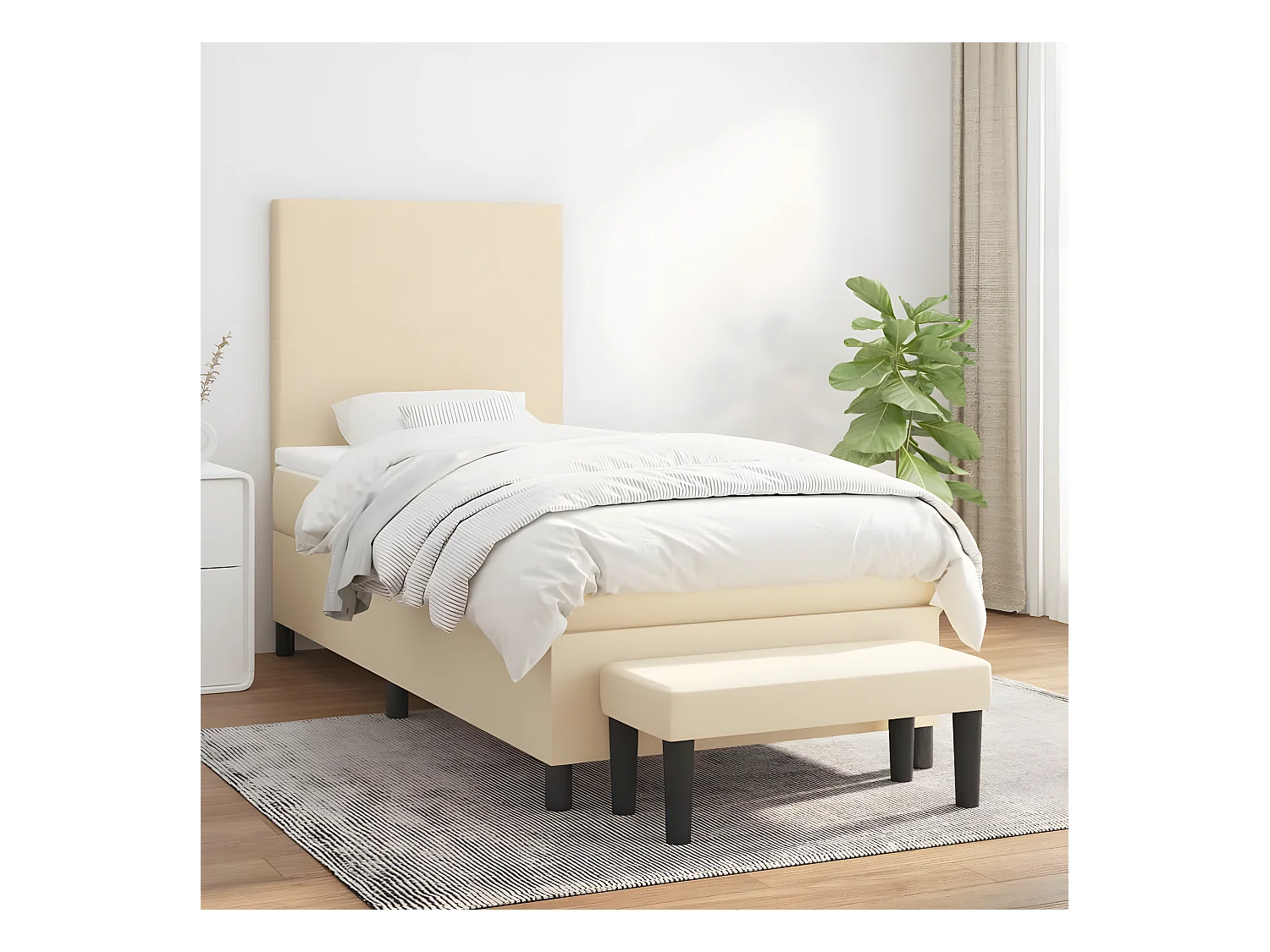 Cama box spring con colchón tela color crema 90x190 cm