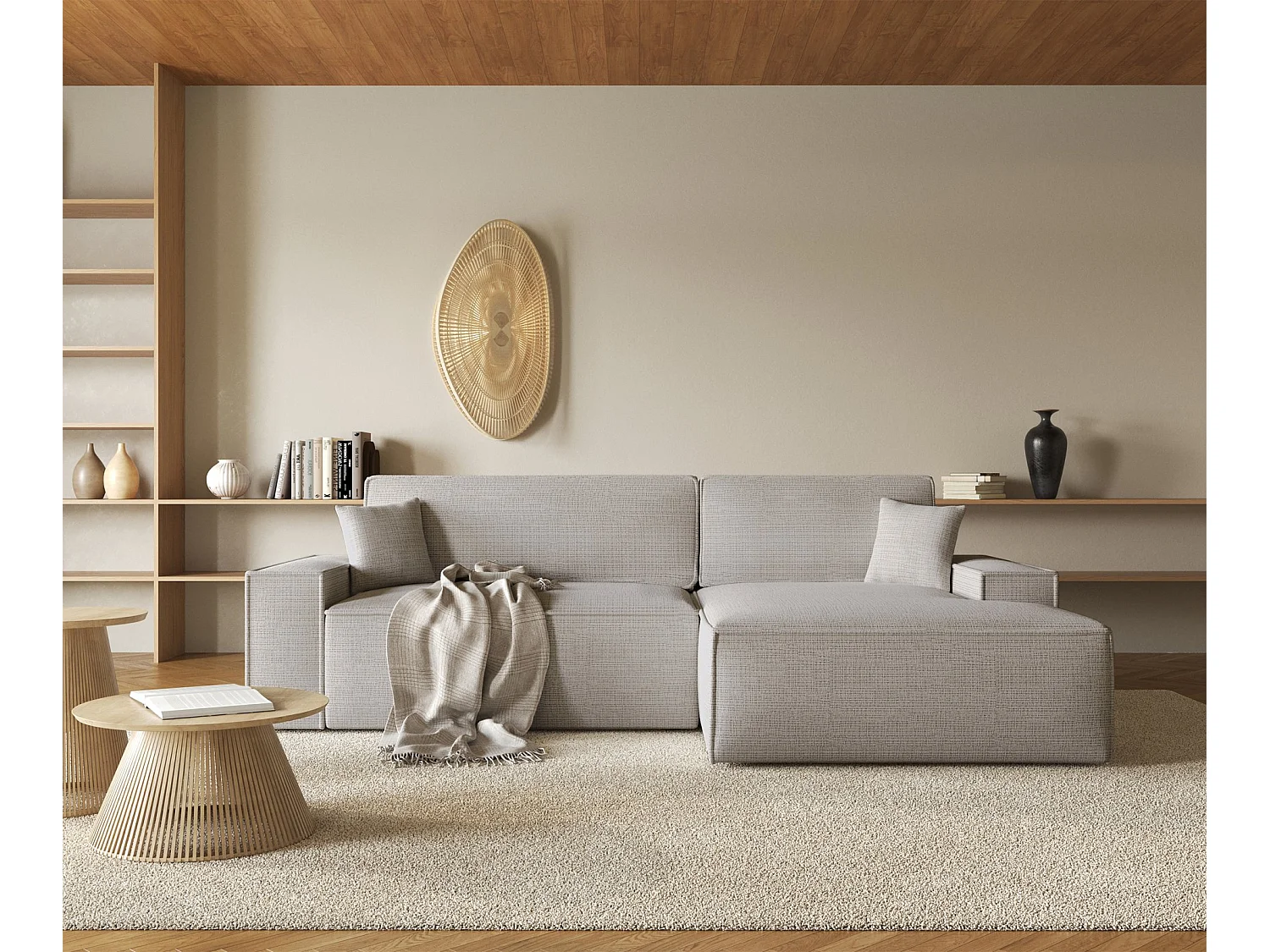 L-vormige hoekbank met slaapfunctie - chenillestof - beigegrijs - rechterkant - FARESE NIEUW