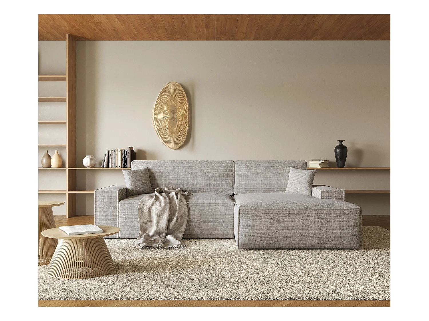 Canapé d'angle en forme de L avec fonction de couchage - tissu chenille - beige-gris - côté droit - FARESE NEW