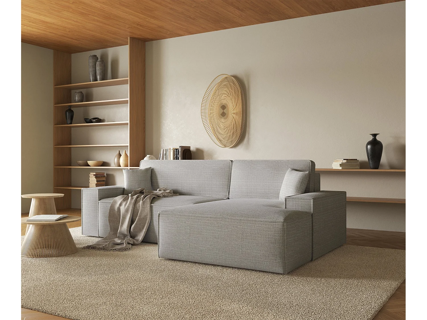 Canapé d'angle en forme de L avec fonction de couchage - tissu chenille - beige-gris - côté droit - FARESE NEW