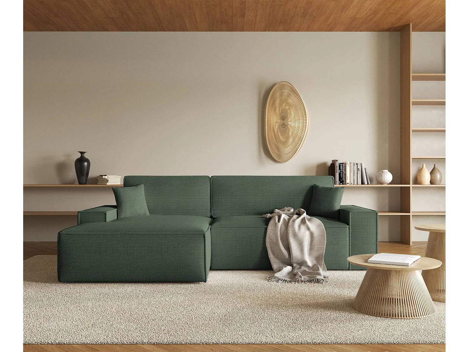 L-vormige hoekbank met slaapfunctie - chenillestof - salie - linkerzijde - FARESE NIEUW