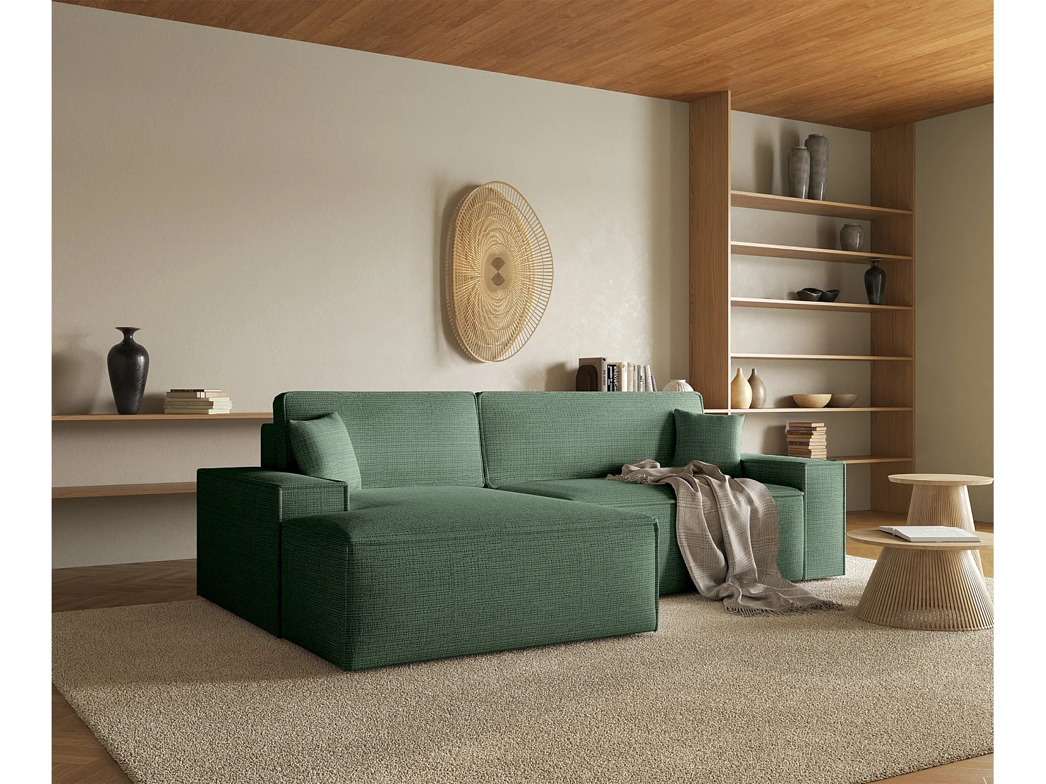 L-vormige hoekbank met slaapfunctie - chenillestof - salie - linkerzijde - FARESE NIEUW