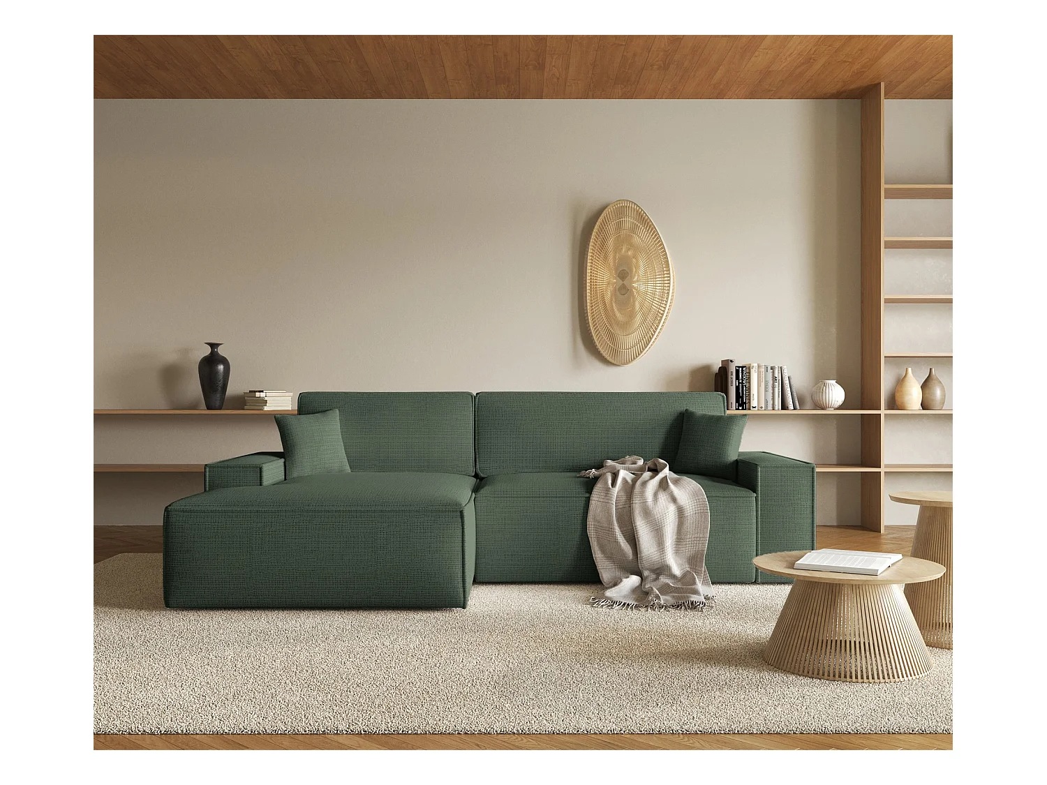 Canapé d'angle en forme de L avec fonction de couchage - tissu chenille - sauge - côté gauche - FARESE NEW
