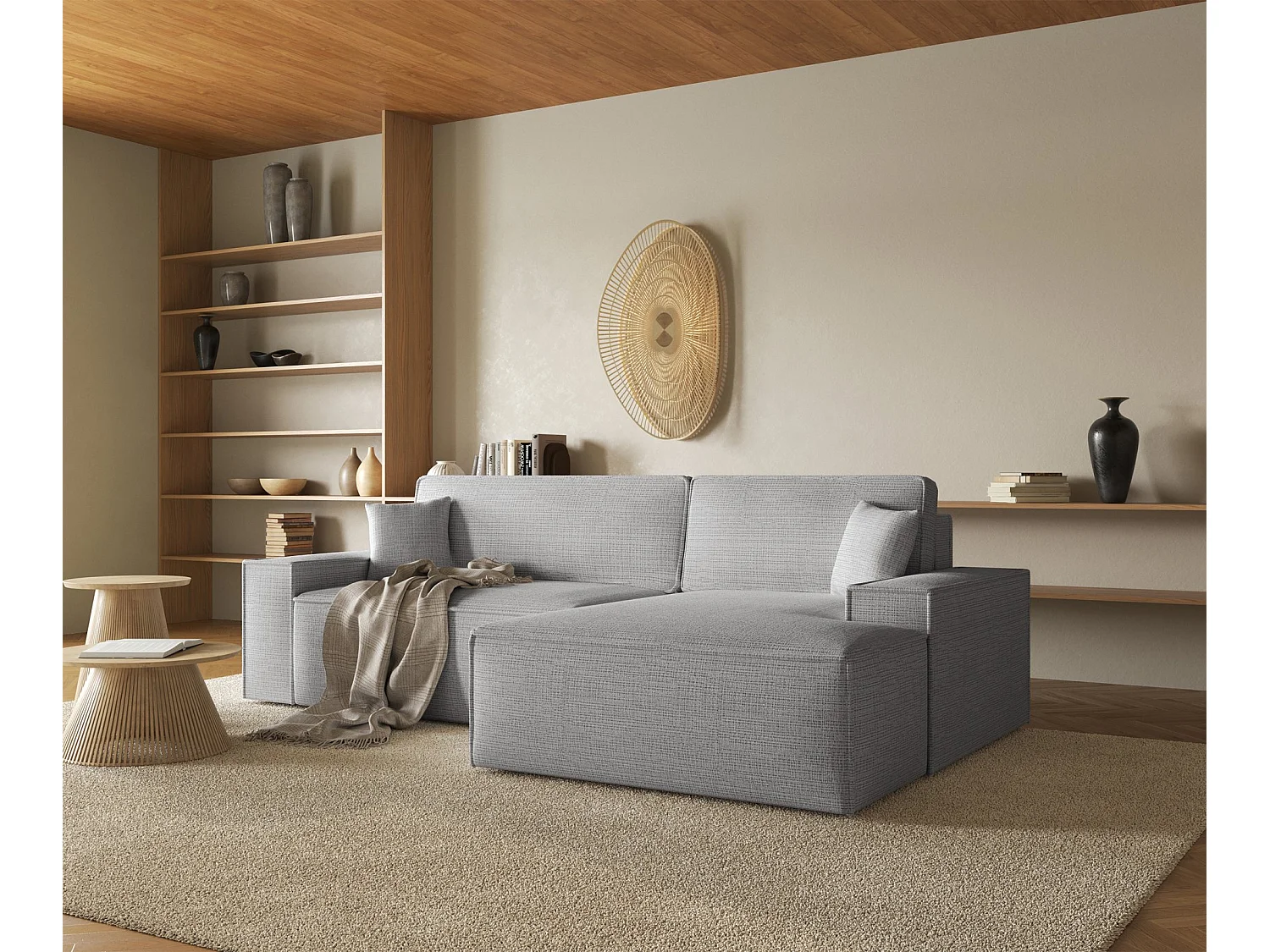 Canapé d'angle en forme de L avec fonction de couchage - tissu chenille - gris clair - côté droit - FARESE NEW