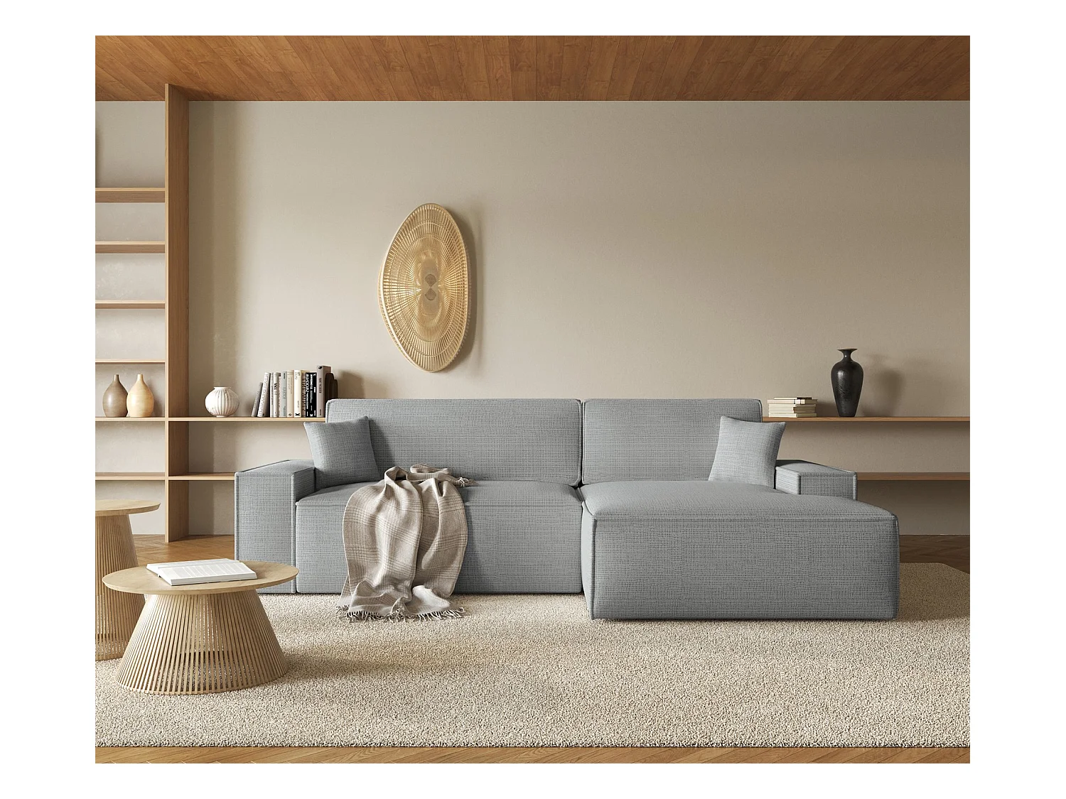 Canapé d'angle en forme de L avec fonction de couchage - tissu chenille - gris clair - côté droit - FARESE NEW