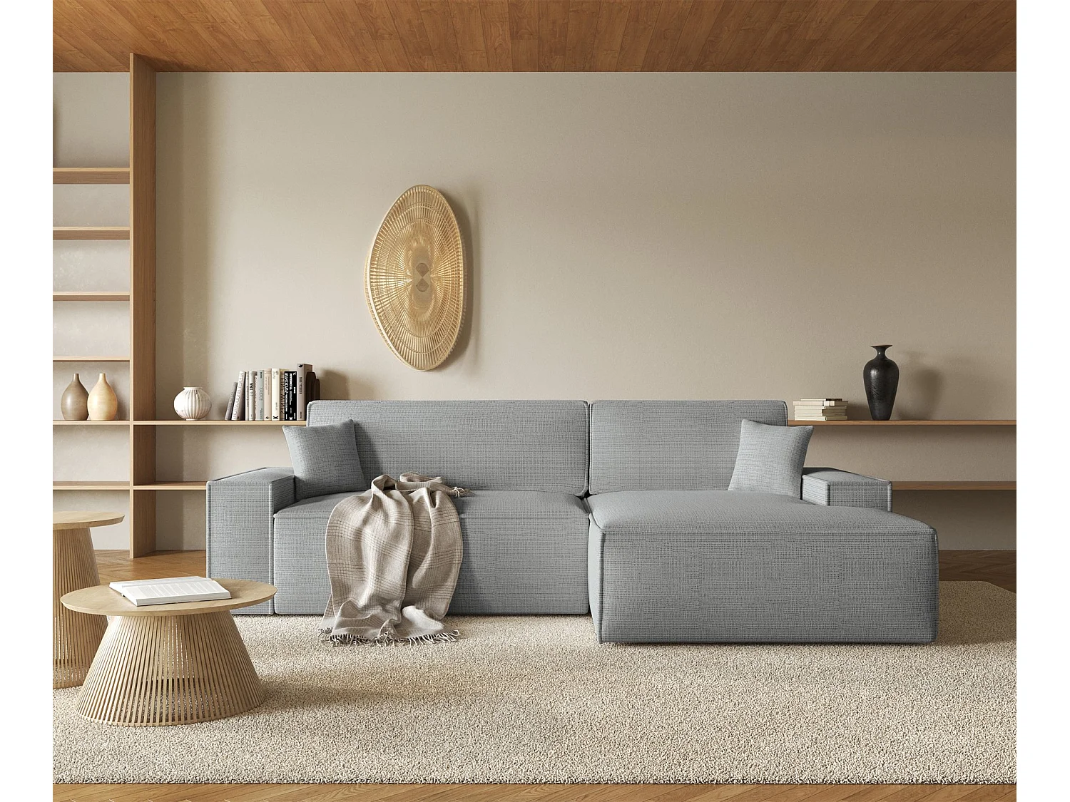 Canapé d'angle en forme de L avec fonction de couchage - tissu chenille - gris clair - côté droit - FARESE NEW