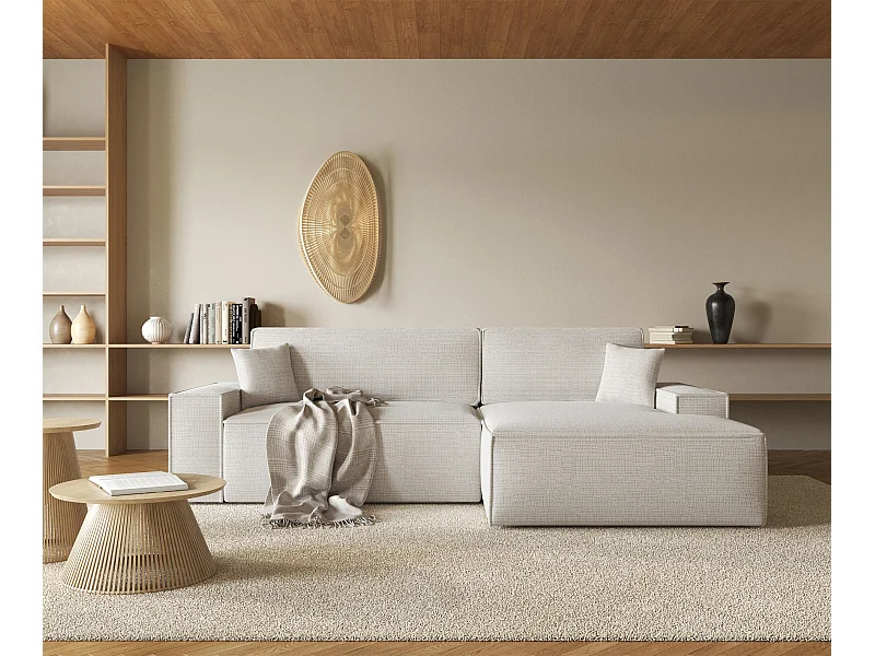 Ecksofa mit Schlaffunktion - Chenille-Bezug - hellbeige - rechtsseitig - FARESE NEW