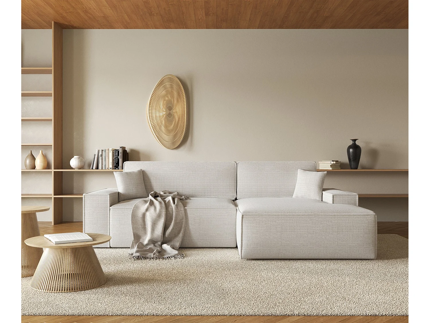 L-vormige hoekbank met slaapfunctie - chenillestof - lichtbeige - rechterkant - FARESE NIEUW