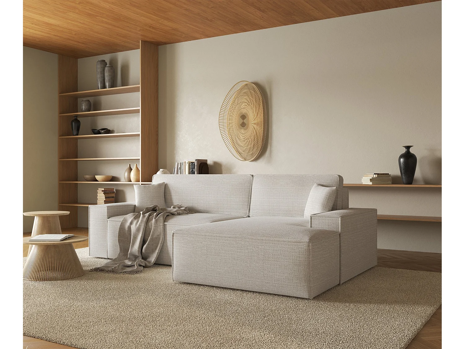 L-vormige hoekbank met slaapfunctie - chenillestof - lichtbeige - rechterkant - FARESE NIEUW