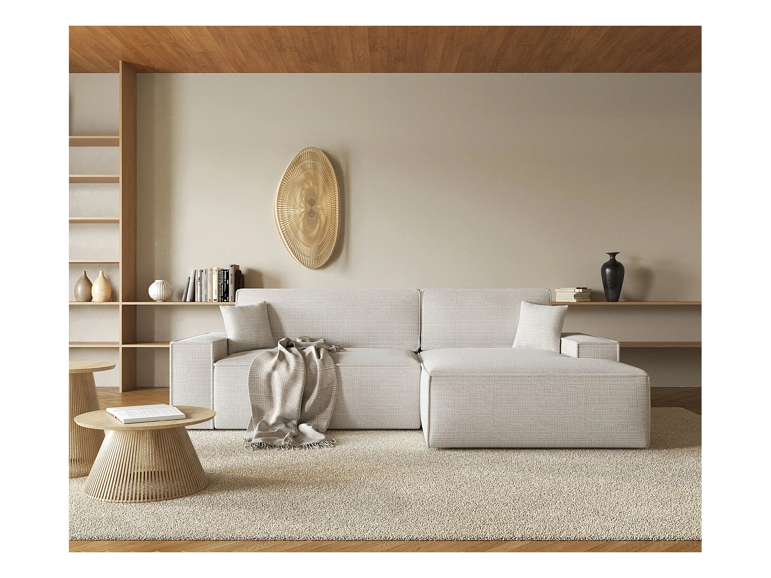 Canapé d'angle en forme de L avec fonction de couchage - tissu chenille - beige clair - côté droit - FARESE NEW