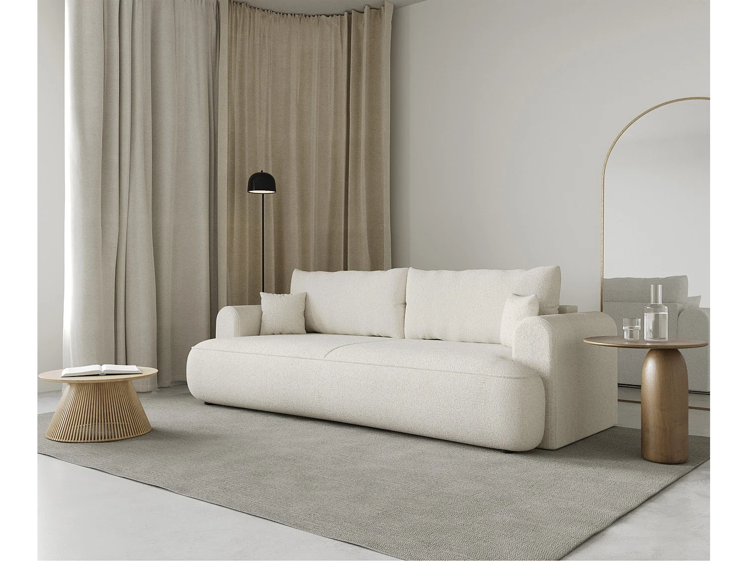 3-Sitzer Schlafsofa mit Bettkasten - Chenille-Bezug in Creme - OVO