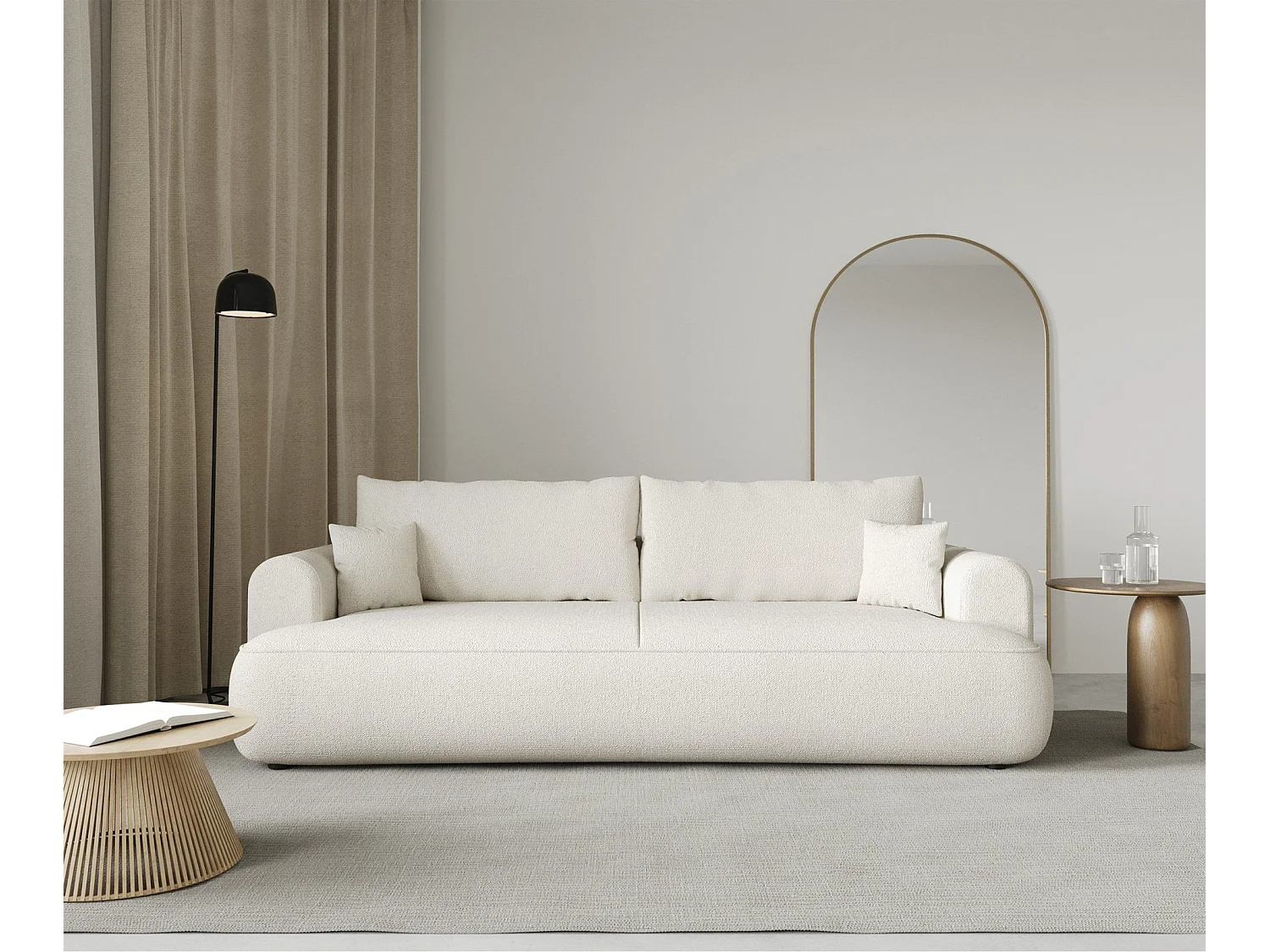 3-Sitzer Schlafsofa mit Bettkasten - Chenille-Bezug in Creme - OVO