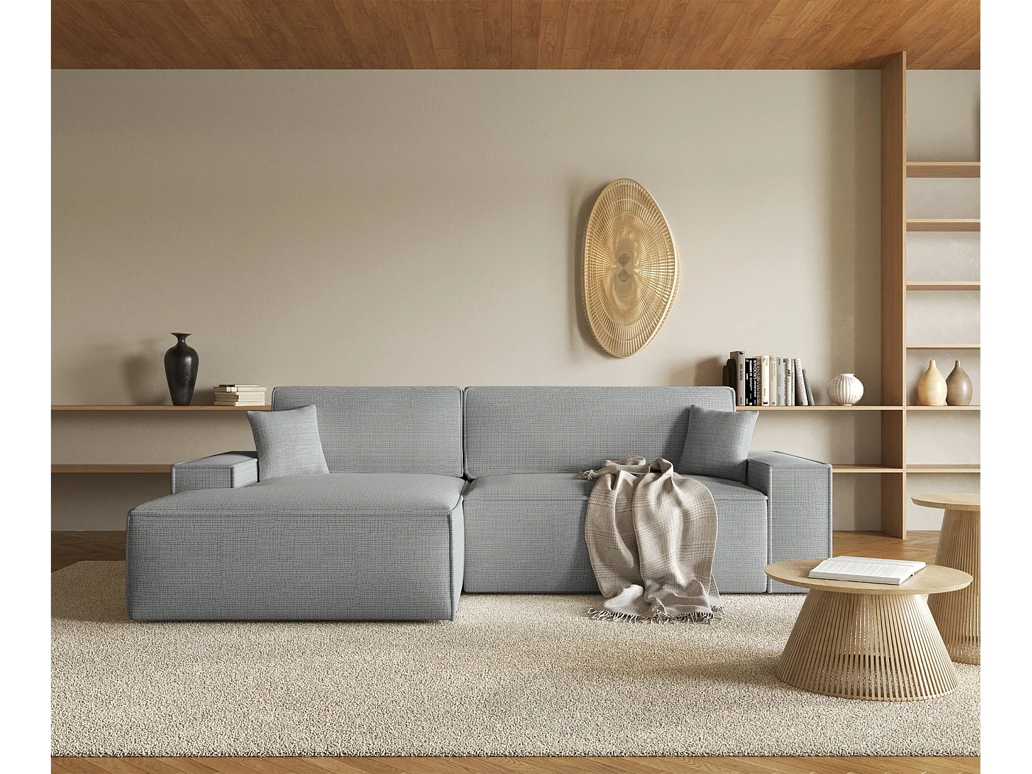 Canapé d'angle en forme de L avec fonction de couchage - tissu chenille - gris clair - côté gauche - FARESE NEW